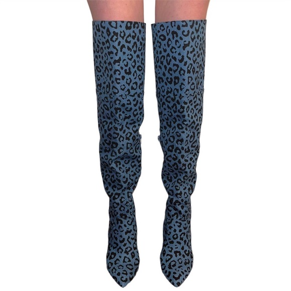 Blue Denim Leopard Over the Knee Boots - Picture 2 of 7